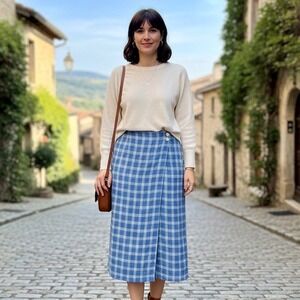 Talbots Petite 100% Irish Linen Blue Plaid Faux Wrap Maxi Skirt Size 12 Vintage